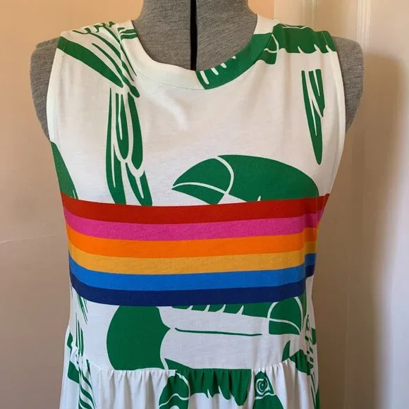 FARM RIO S Tiered Maxi Dress Rainbow Green Toucans White T-shirt Knit Comfy